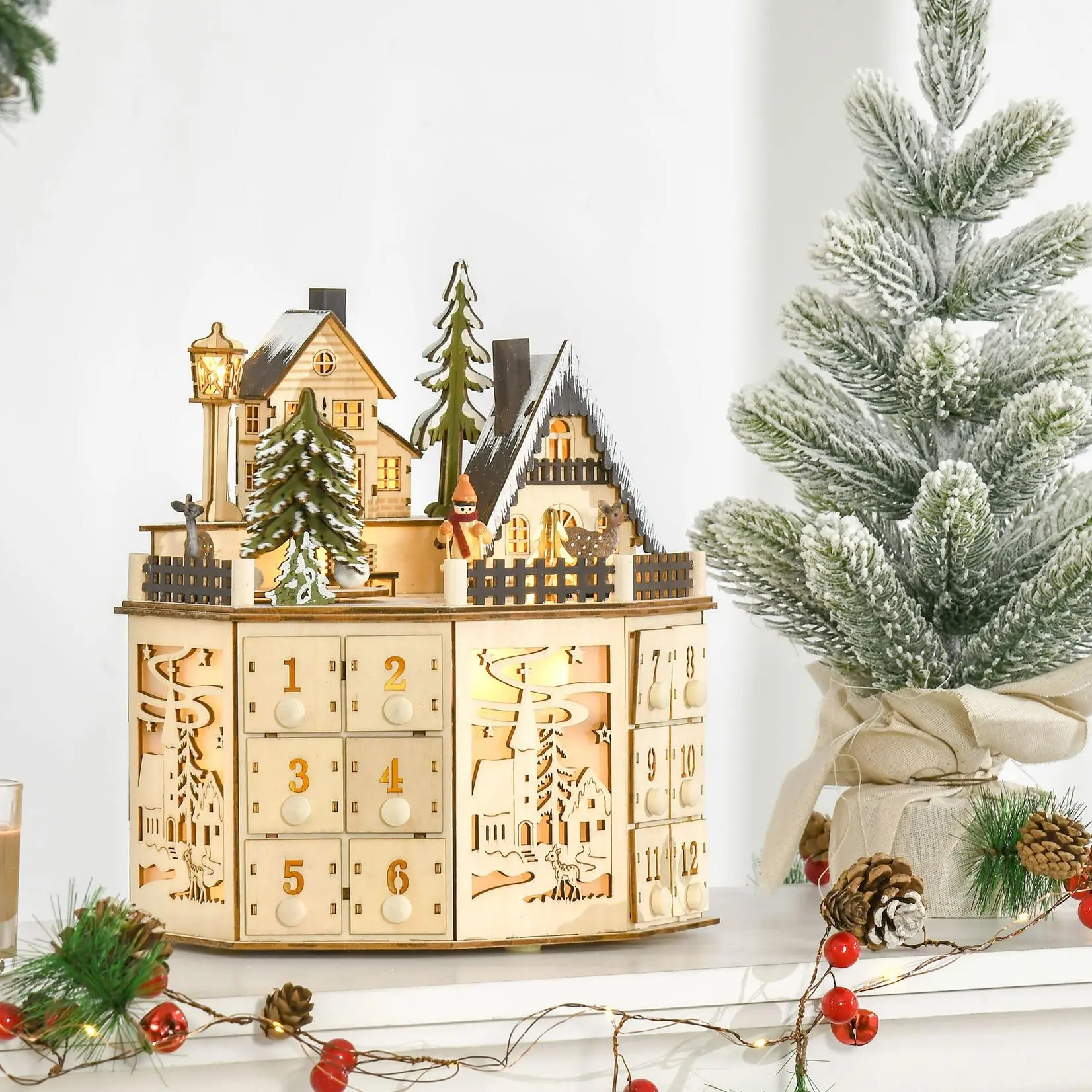 HOMCOM Wooden Advent Calendar - Tabletop Miniature Decoration with Countdown Drawers, Skiing Village Design, Light Up Your Space, Kid Room Classic Christmas Decor, Event Setup Supply, Festive Gift with Lights