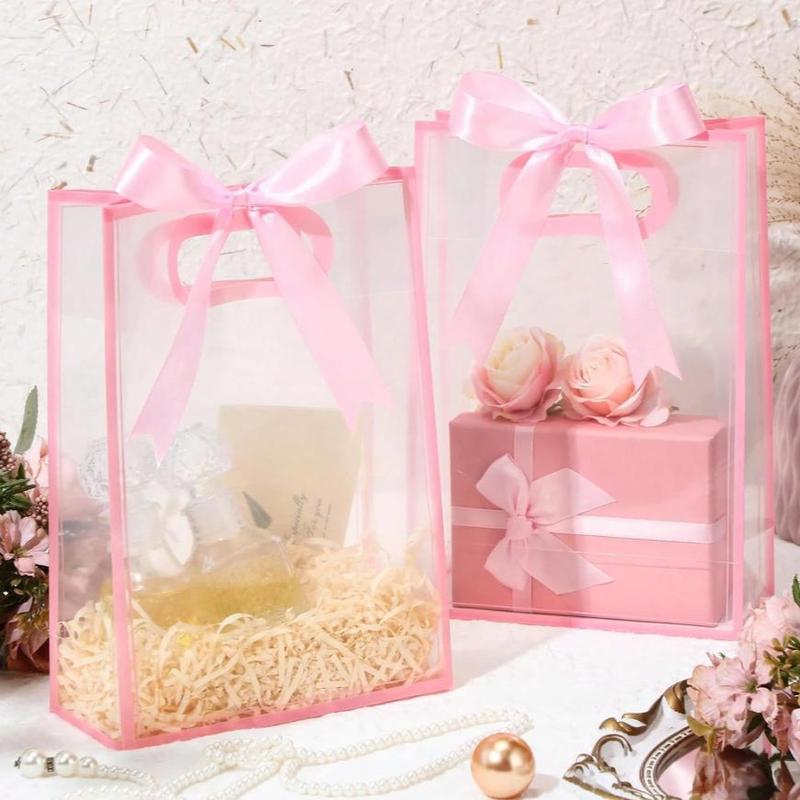 Transparent Gift Bags with Ribbon, Reusable PP Flower Pots for Weddings, Baby Showers, Birthdays, Graduations, 7x10x3.15 Inches ()