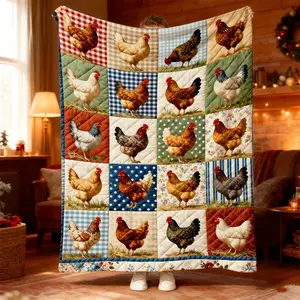 1pc Country Style Chicken Print Quilted Blanket for Cozy Naps and Relaxing Evenings, Perfect for Bedrooms, Sofas, and Camping Adventures, Rustic Colorful Patchwork Design Warmth and Comfort, Blanket for Home Decor