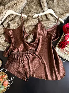 Women's Leopard Print Pyjama Set, Casual Slim-Fitting Sleepwear, V-Neck Nightdress, Round Neck Top, Short Pants, All Seasons