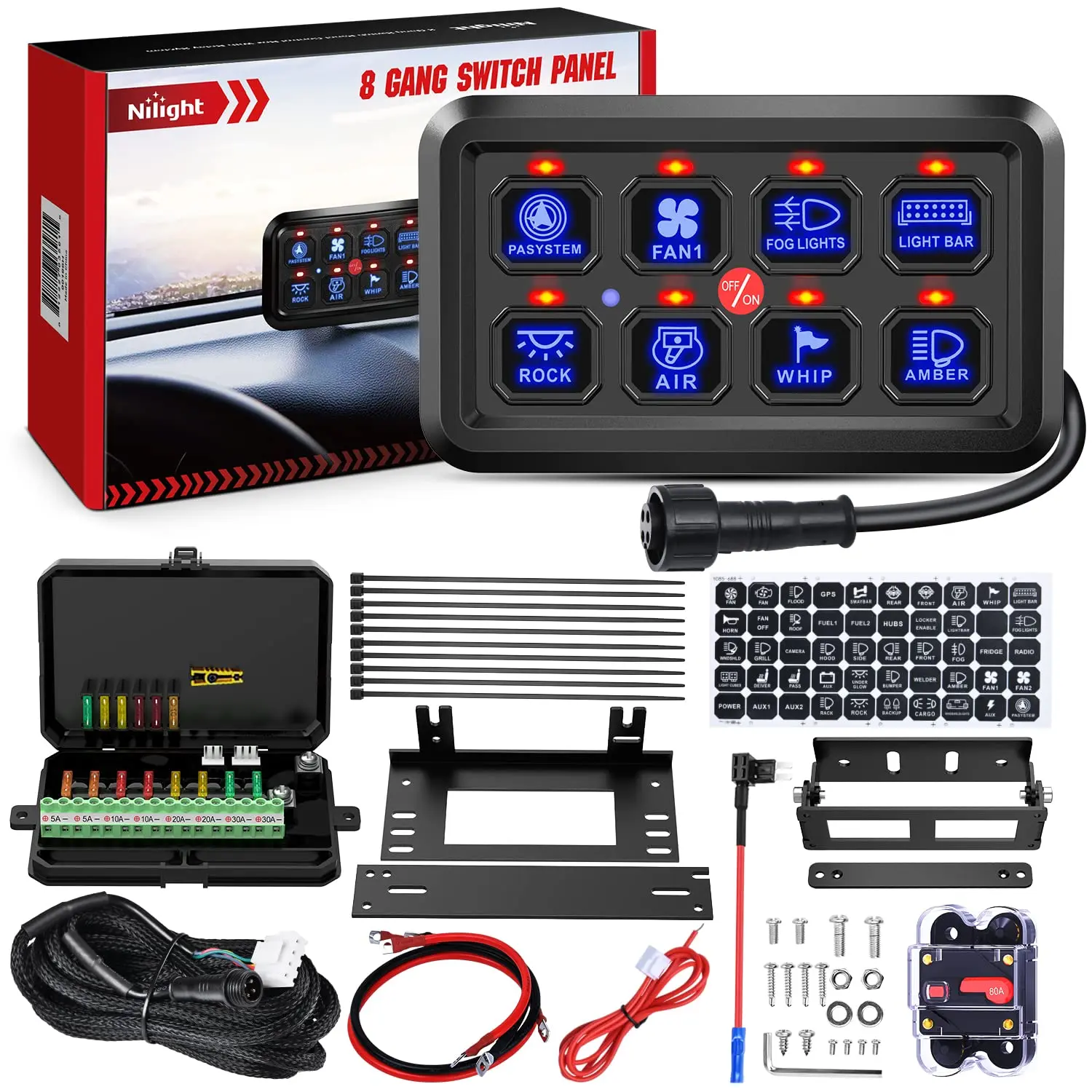 Nilight 8-Gang Compact Car Lighting Accessories Switch Panel System with Compact Box, 12V-24V DC 1200W Automatic Universal Fit for Cars, SxS, 4 Wheelers, Includes Control Relay, Circuit Breaker, Blade Fuses, Dimmable Backlight