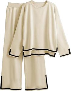 PNORATM Sweater Sets Women 2 Piece Outfits Long Sleeve Knit Sweater Top Wide Leg Pants Tracksuit Lounge Sets