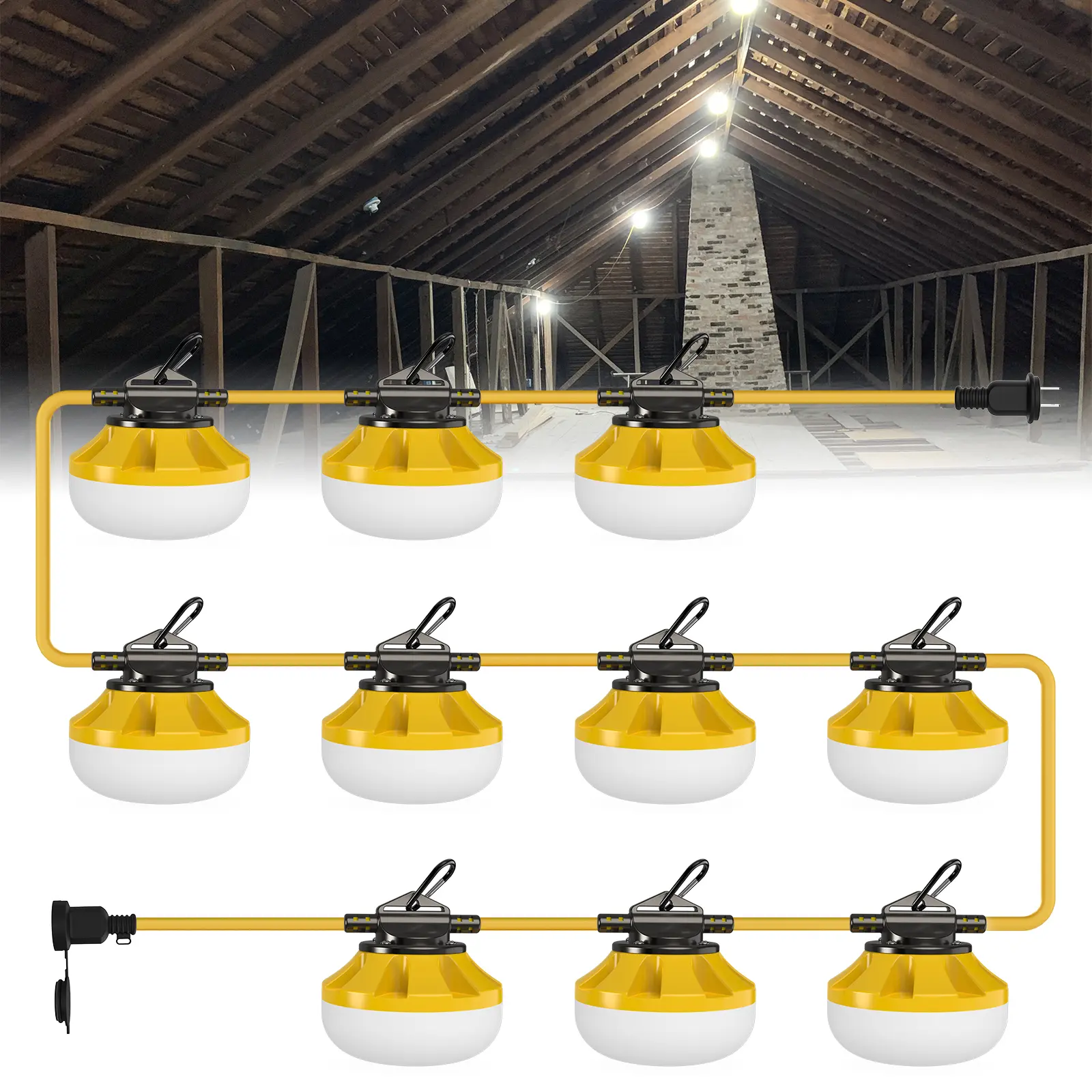 HYPERLITE Super Bright LED Outdoor Waterproof Work String Lights - 50FT/100FT, 5/10 Bulbs, Climbing Snap Hooks, IP65 Rating, Linkable, for Construction, Basement, Stairwell