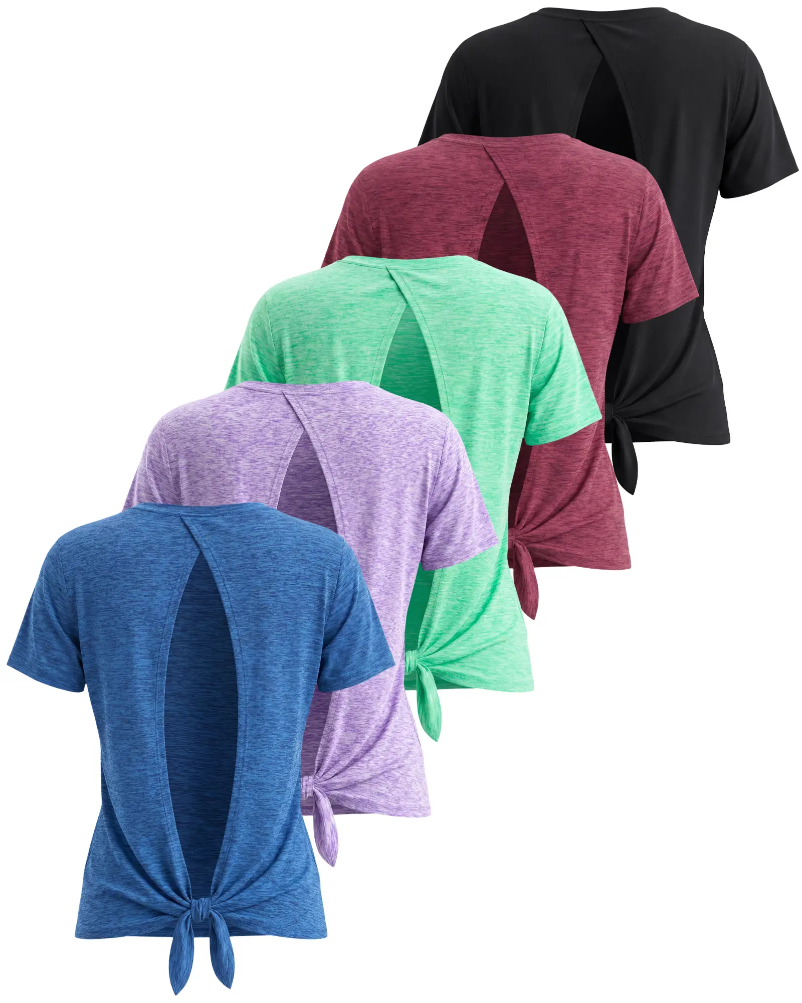 5 Pack: Women's Short Sleeve Open Back Tie Back Dry-Fit T-Shirt -Yoga Gym Workout Top