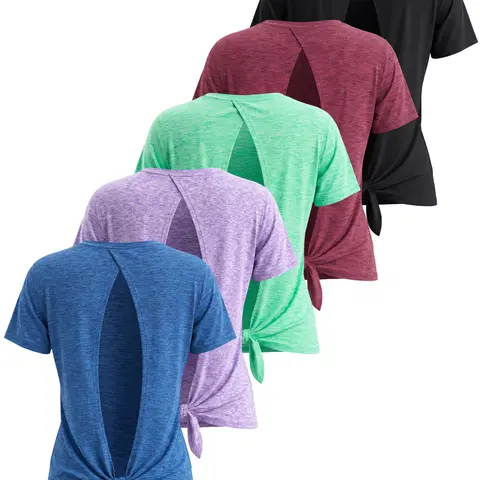 5 Pack: Women's Short Sleeve Open Back Tie Back Dry-Fit T-Shirt -Yoga Gym Workout Top