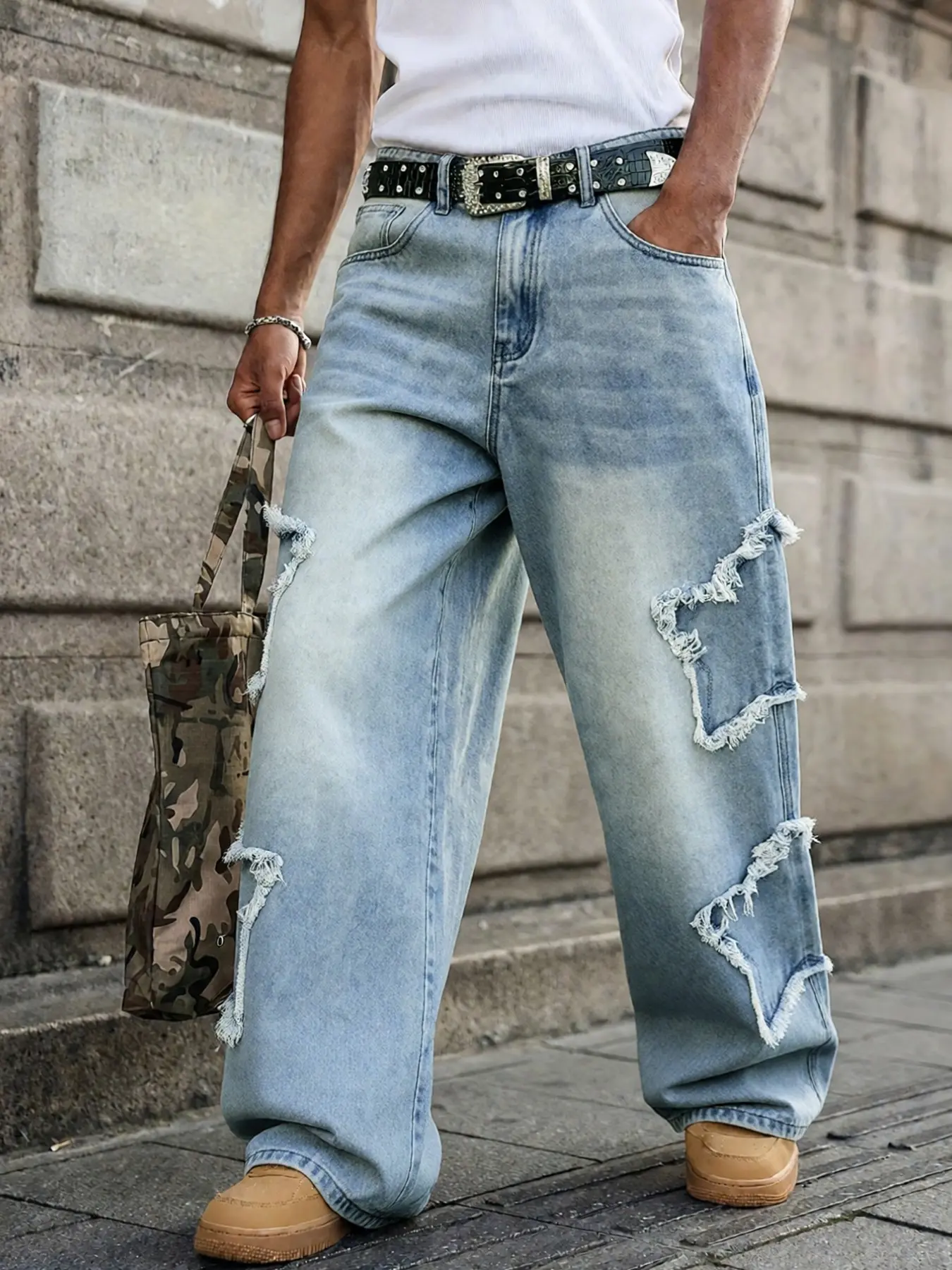 Four-season men's vintage washed, nostalgic, loose straight-leg wide-leg denim pants, non-stretchy American-style trendy street casual and versatile Streetwear denim pants, suitable as a gift for husbands and boyfriends, Menswear