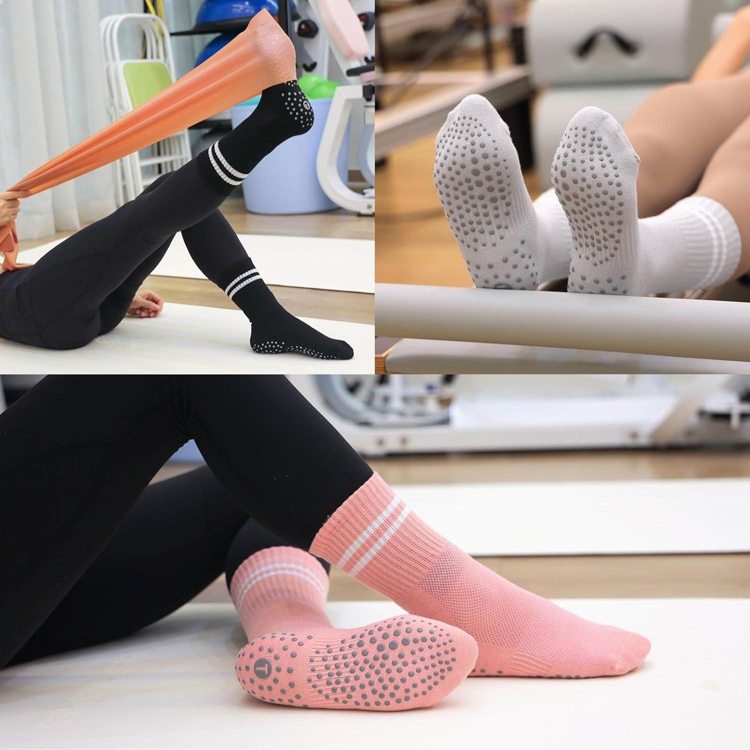Women's Non Slip Pilates Socks - 4 Pairs of Athletic Yoga Crew Socks with Grippers for Barre, Hospital, and Home Use - Soft Cotton-Polyester Blend with Mesh Ventilation for Comfort and Stability - Cute