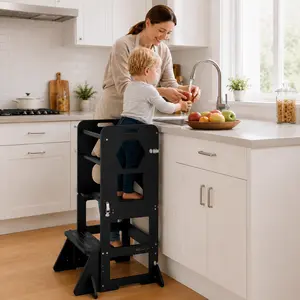 WOODURE  4-in-1 Toddler Kitchen Step Stool - Foldable Learning Tower with Blackboard for Kids Ages 1-3 summervibes summerwins