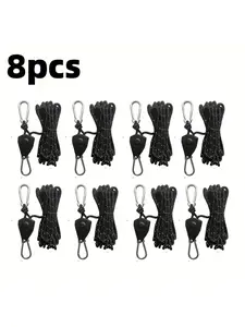 8 windproof camping tent ropes for fixation - including fasteners, buckles and pulley ratchet hooks for the fixation of the awning