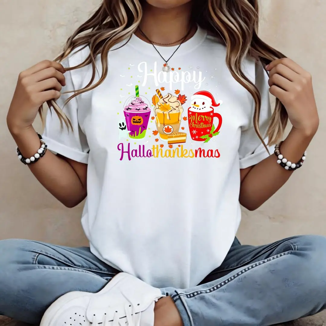 Women's Crew Neck Short Sleeve Tee Happy Hallothanksmas Festival Drink Design | 100% Soft Cotton Stretchy Comfort Fit Top | Casual Everyday Essential For Summer, Workout, Travel & Lounge