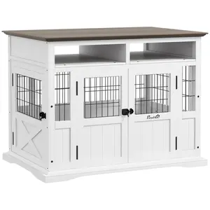 Dog Crate Furniture – White. 2-in-1 Side Table/TV Stand & Crate. Storage Compartment. Double Front Doors + Side Door. Fir Wood + Steel Mesh. Fits Dogs Up to 66 lbs