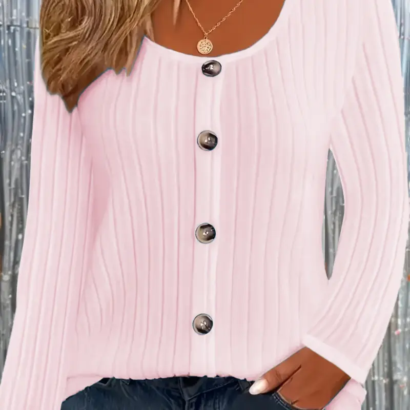 Women's Fall Winter Loose-Fit Long Sleeve Round Neck T-Shirt, Button Decorative Knitted Top, Elegant Fashion Comfortable Fabric, Loose Fitting Knit