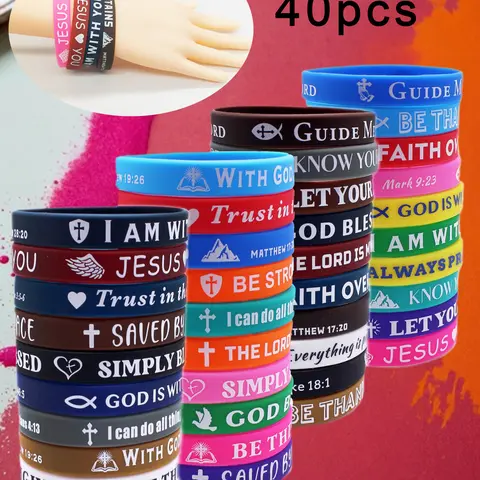 【Black Friday】40pcs Silicone Bracelets with Bible Verses, Inspirational Quotes, Multicolor Options, Cross Print Bracelets, Perfect for Daily Wear, Parties and Gifts, Bracelets Stacking, Word Bracelets