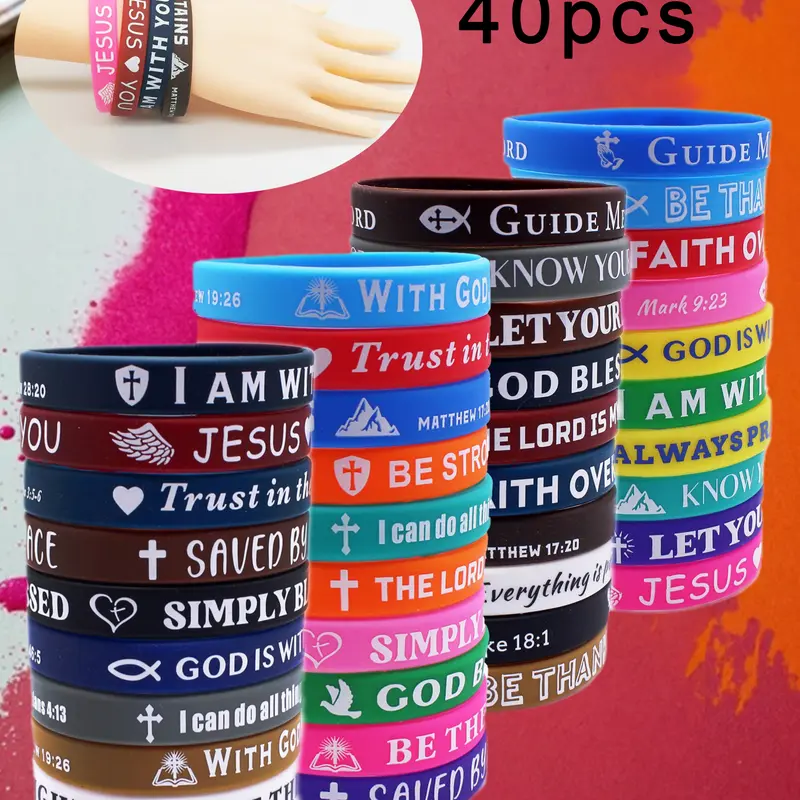 【Black Friday】40pcs Silicone Bracelets with Bible Verses, Inspirational Quotes, Multicolor Options, Cross Print Bracelets, Perfect for Daily Wear, Parties and Gifts, Bracelets Stacking, Word Bracelets