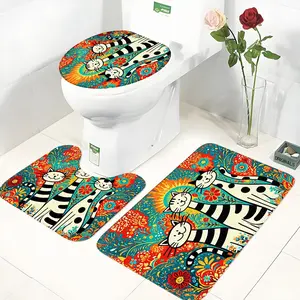 3-Piece Cartoon Cat Floral Print Bath Mat Set, Toilet Lid Cover + U-Shaped Pad + Floor Mat, Casual Indoor Rug, Flocked Material