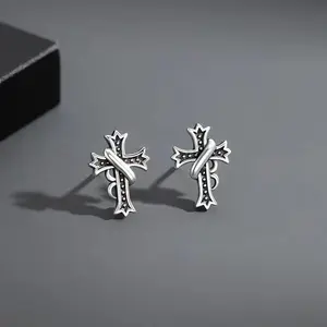 Retro cross stud earrings male trend, cold wind earrings fashionable personality imitation Thai silver men's single earring