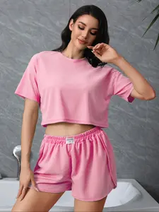 Women's Casual Loose-Fitting Shorts Set, 2-Piece Plain Color Thin Summer Knit, Comfortable Home Wear for Daily Use，co-ord sets for women，loungewear set，winter co ord set，Pj sets for women，lounge set for women