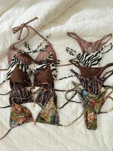 Elavelle Springbreak Women's Random Print Spaghetti Strap Metallic Decor Sexy Bikini Set, Summer Beachwear