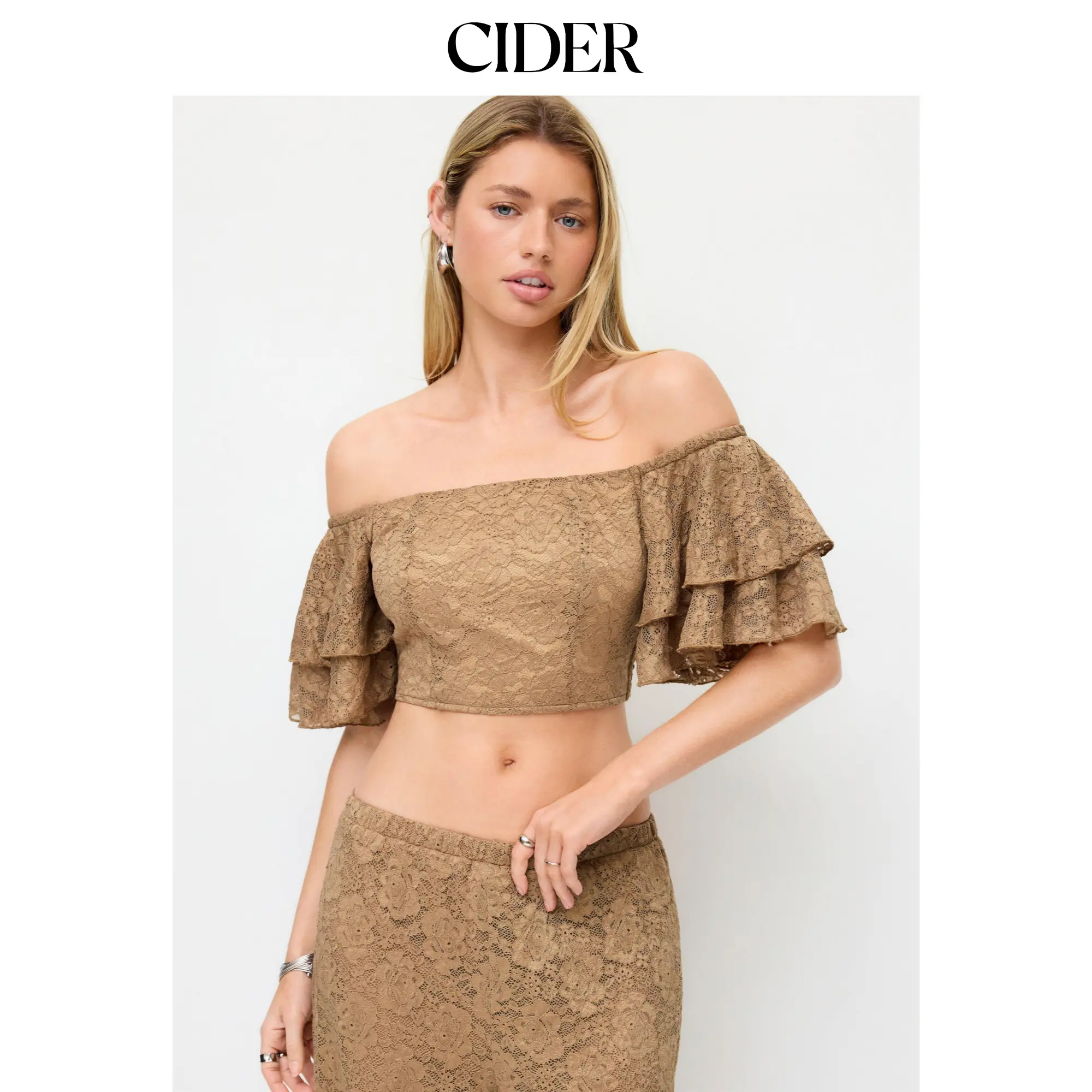 Cider Lace Off-shoulder Ruffle Sleeve Shirred Crop Top