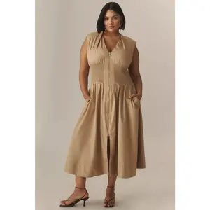 ANTHROPOLOGIE The Tommie Zip-Front Plunging Midi Dress PLUS 1X Neutral