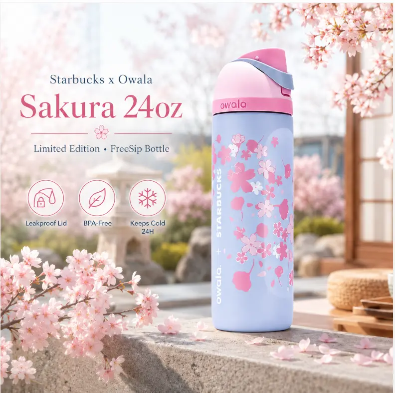 Owala Sakura x Starbucks FreeSip 24oz Thermal Flask, Special Rare Edition Cherry Blossom Pastel Pink Gradient Stainless Steel Gym Sports Bottle