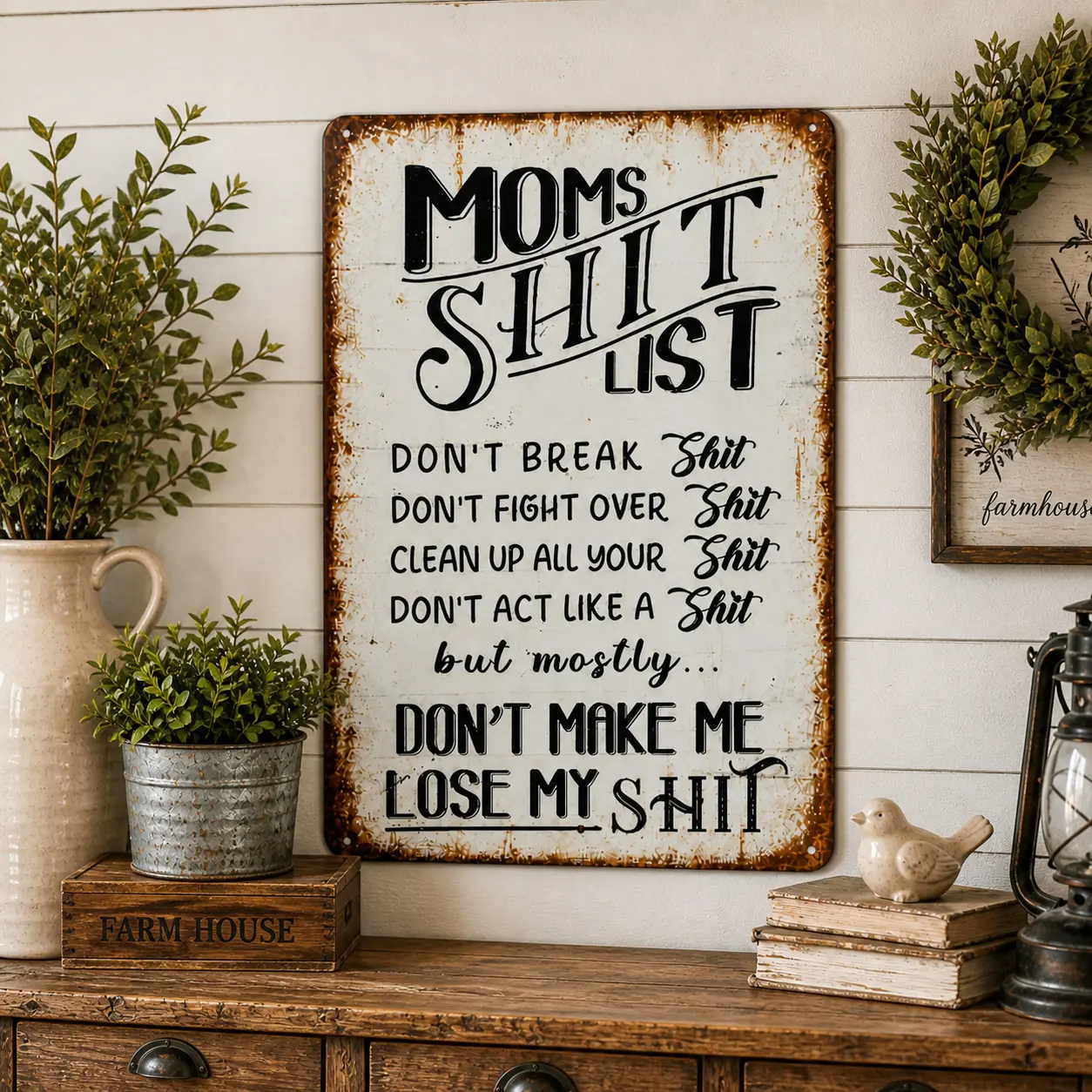 Funny "Mom Rules" Metal Sign - "Mom's Crap List" Vintage Wall Decor: Humorous Parenting Sign for Bathrooms, Kitchens, and the Home,Retro Black White Kitchen Sink Wall Art for Bathroom Laundry Room, Unique Gift for Family Friends