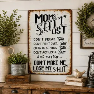 Funny "Mom Rules" Metal Sign — "Mom's Crap List" Vintage Wall Decor: Humorous Parenting Sign for Bathrooms, Kitchens, and the Home