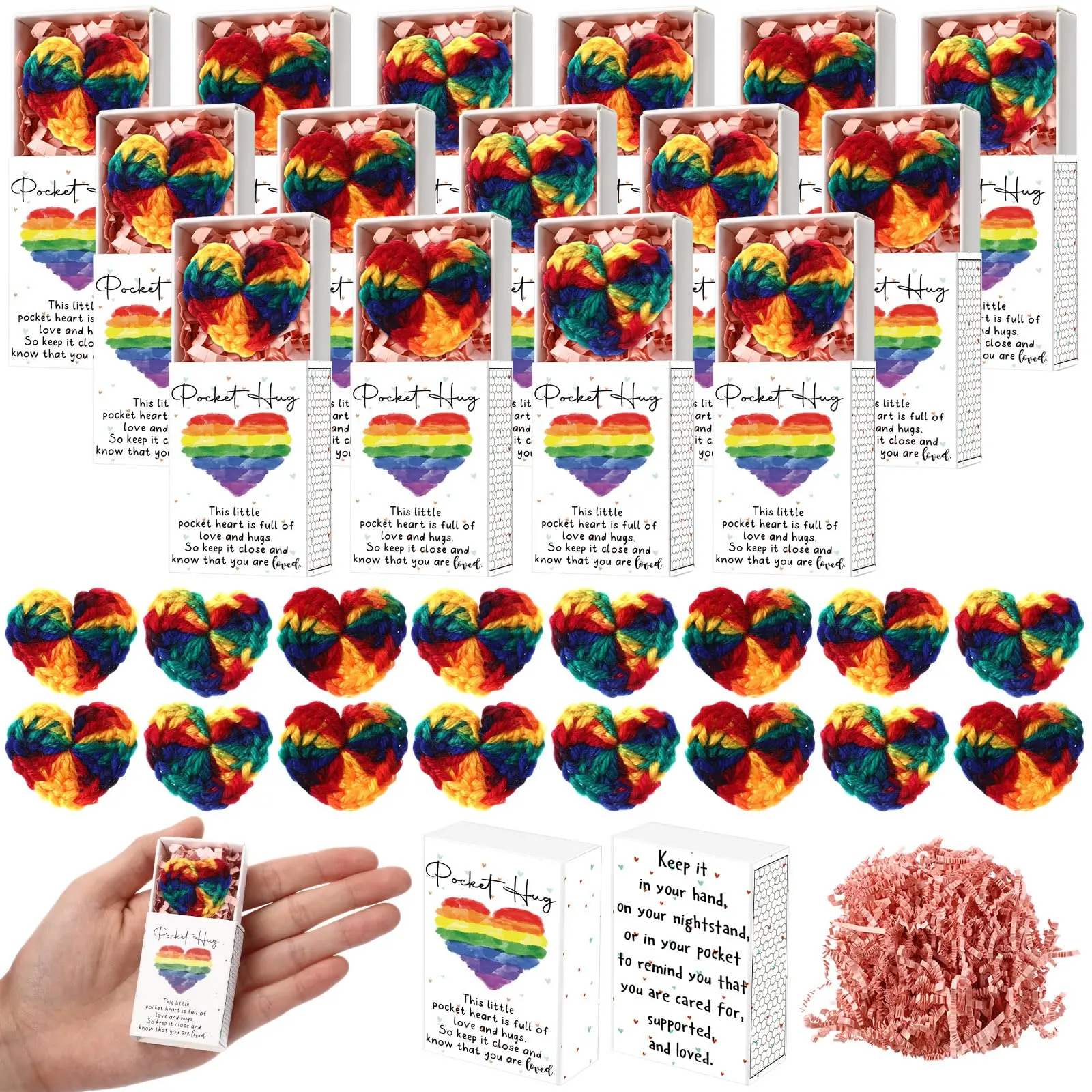 Bulk Wool Mini Rainbow Hearts - Hand-Crocheted LGBTQ Pride Party Favors (42/70 Sets) with Gift Box Design, Home Supplies Stocking Stuffers for Friends