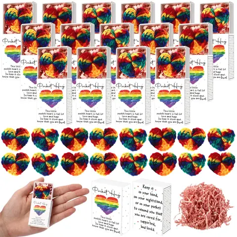 Bulk Wool Mini Rainbow Hearts - Hand-Crocheted LGBTQ Pride Party Favors (42/70 Sets) with Gift Box Design, Home Supplies Stocking Stuffers for Friends, Themed Gift Box