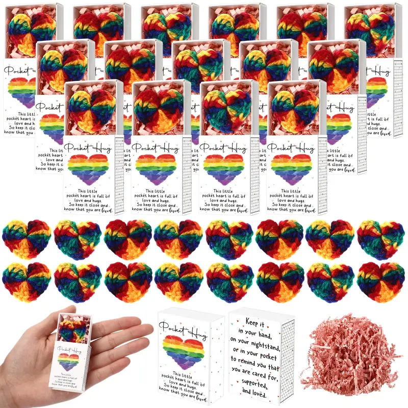 Bulk Wool Mini Rainbow Hearts - Hand-Crocheted LGBTQ Pride Party Favors (42/70 Sets) with Gift Box Design, Home Supplies Stocking Stuffers for Friends, Themed Gift Box