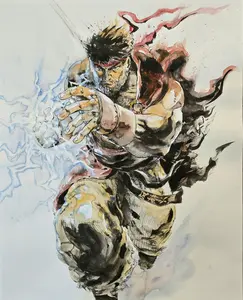 Amazing Print of Ryu from Street Fighter 6 Watercolor and Ink Drawing 12x16 Artwork Perfect for Fans and Wall Decor