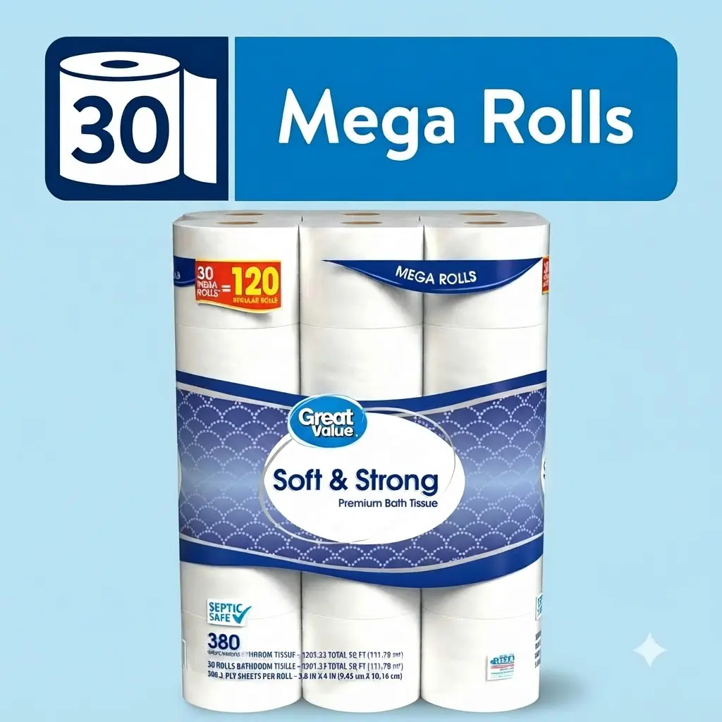Great Value Soft Strong Premium Toilet Paper 30 Mega Rolls 380 Sheets Soft Absorbent Septic Safe Bathroom Tissue
