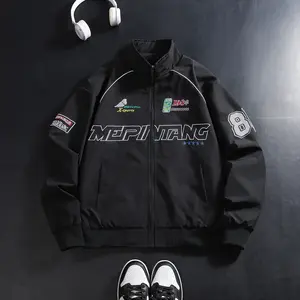 Men’s casual stand-collar windproof jacket, vintage racing-style embroidered zip outerwear, street-fashion top