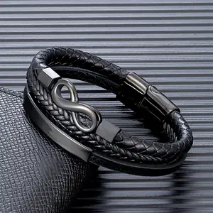 Classic Men Infinity Bracelet Multilayer Braided Leather Bracelets Black Stainless Steel Forever and Always Jewelry Gifts