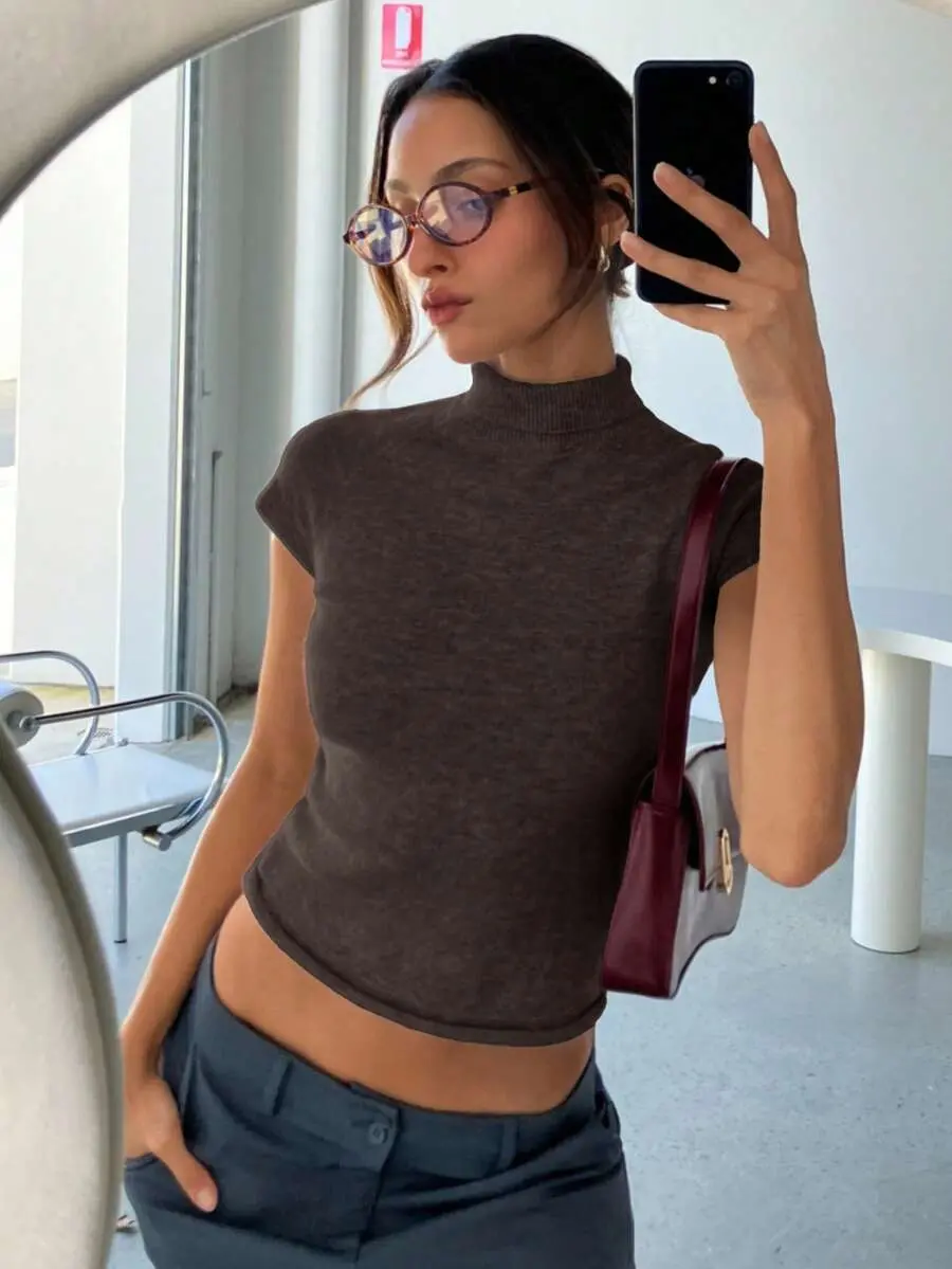 Women's Autumn/Winter Short Sleeve Turtleneck Cap Sleeve Slim Fit Thin Fleece Knit Sweater, For Daily, Office, Outgoing