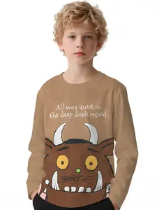 Dark Brown Gruffalo Big Face T-shirt, Funny Graphic Tee, Digital Printing Long-sleeved Crew Neck Drop-shoulder Sweatshirt Top, Long-sleeved T-shirt for Boys, Spring and Autumn Long-sleeved T-shirt Clothing, 100% Polyester, The Best Gift for Boys