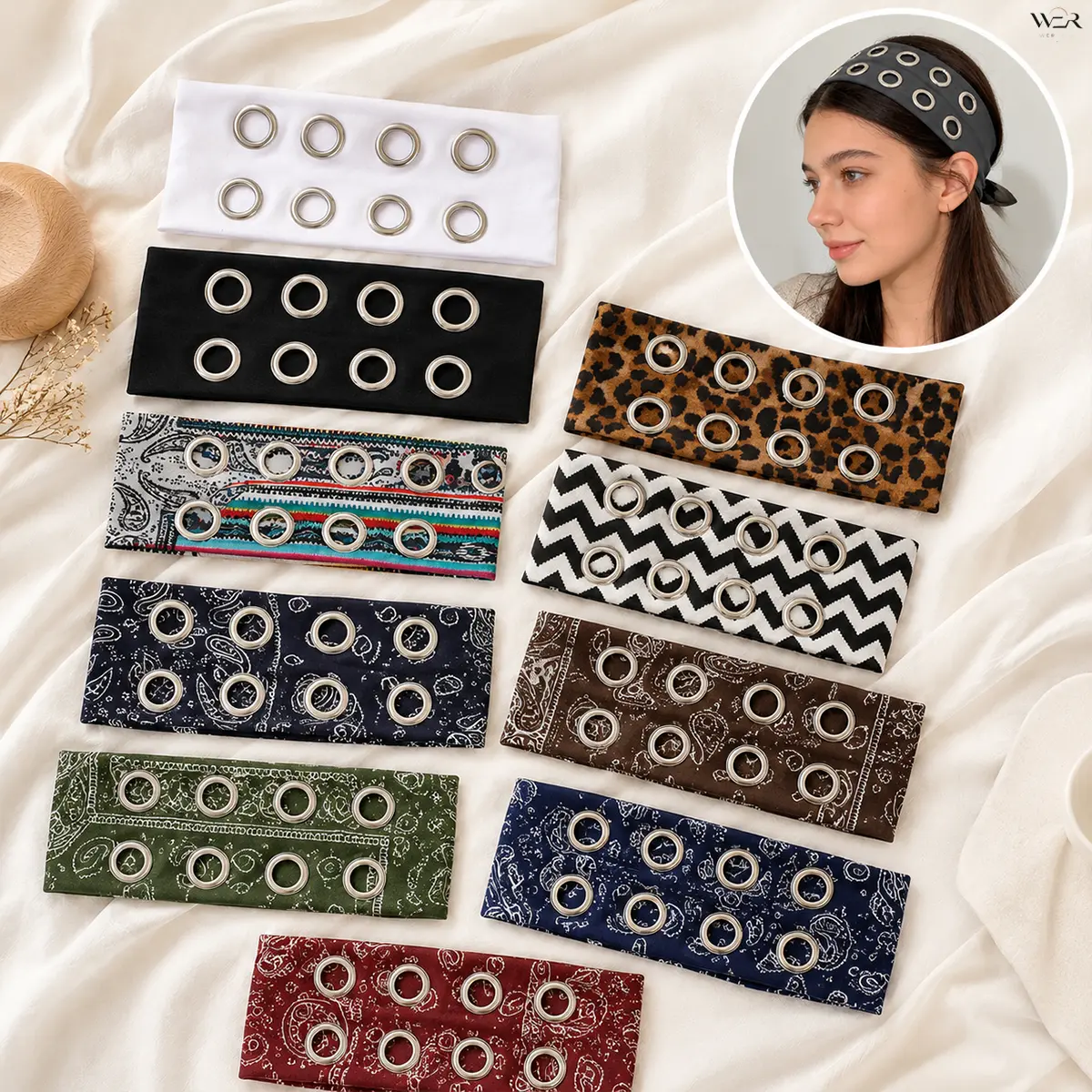 Women's Wide Fabric Headband with Eyelet Grommets, Sporty Paisley & Leopard Print Hair Band for Everyday Wear & Sports, 24 cm Length, 8 Cm Width, Soft Headband, Headbands On Forehead