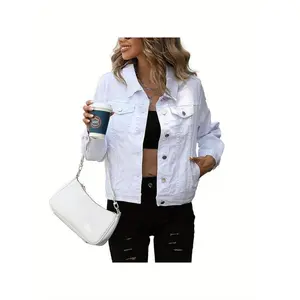 Women's Vintage Denim Jacket - White Solid Color, Smooth Fabric, Slight Stretch, 256g/m2 Woven |   Button Details |   Hand Wash or Professional Dry Clean