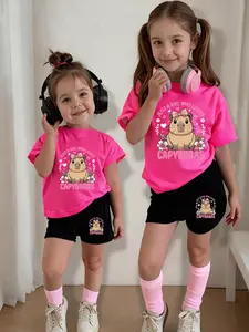 Girls' Casual Short Sleeve Shorts Set, Age 4-12, Soft Capybara Print, Bow, Floral Hearts, Sweet & Fun Design, Fine Girls Outfit, Clothes Kids