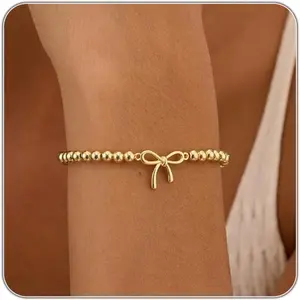 Mothers Day Gifts - Beaded Bracelets for Women 14K Silver Gold Plated Stretch Handmade Ball Bracelets Cute Charm Bracelet Dainty Stackable Cross Heart Bow Wave CZ Circle Trendy Jewelry Easter Gifts