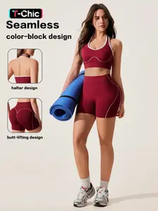 Women's Colorblock Halter Sports Tank Top, High Waist Yoga Shorts, Gym Workout Gear, Comfortable Casual Sportswear, Fitness Apparel, Athleisure Wear Set for All Seasons