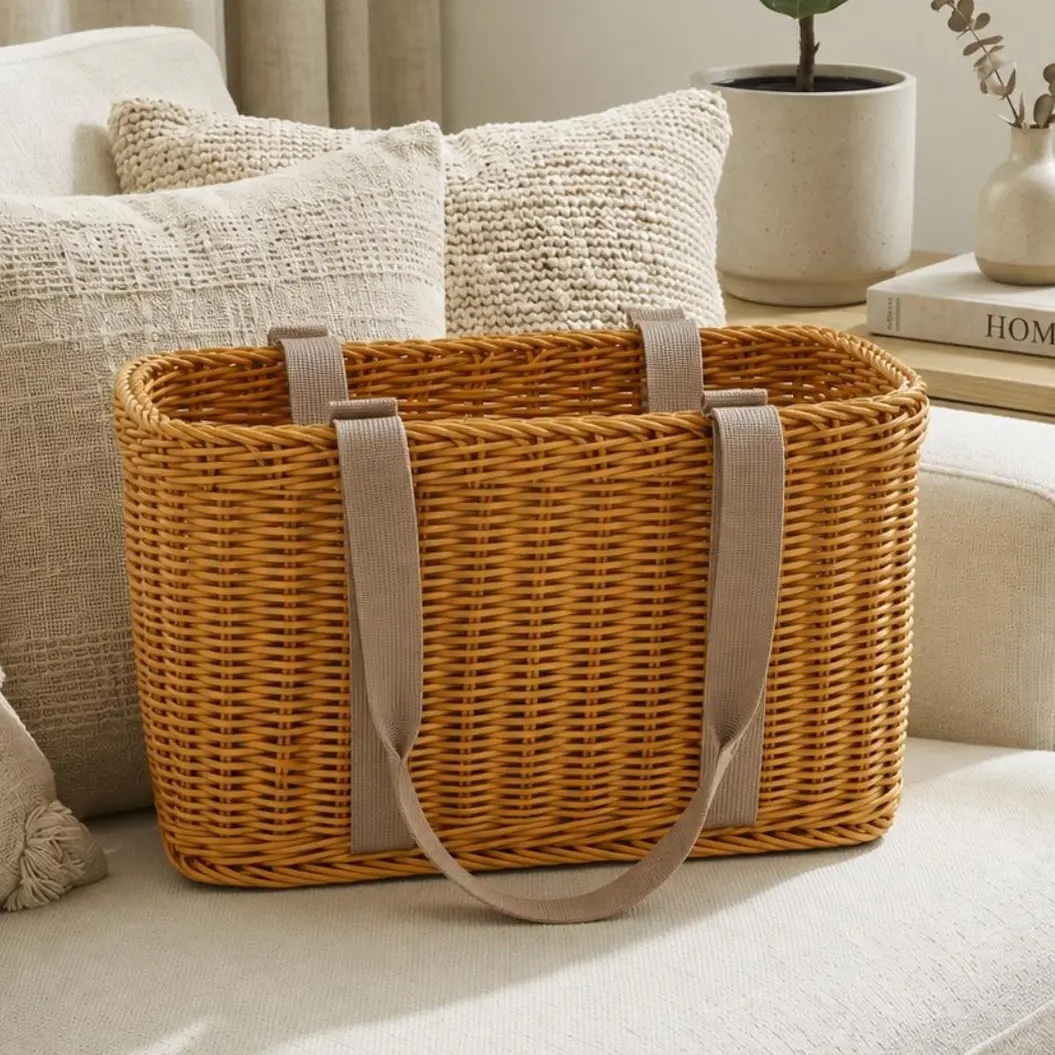 Plastic Rattan Handwoven Rectangle Storage Basket - Waterproof, Moisture-Proof, Durable, Drop-Resistant, Multi-Function Home Organizer for Kitchen, Bathroom with Easy Maintenance, Organizing Solution