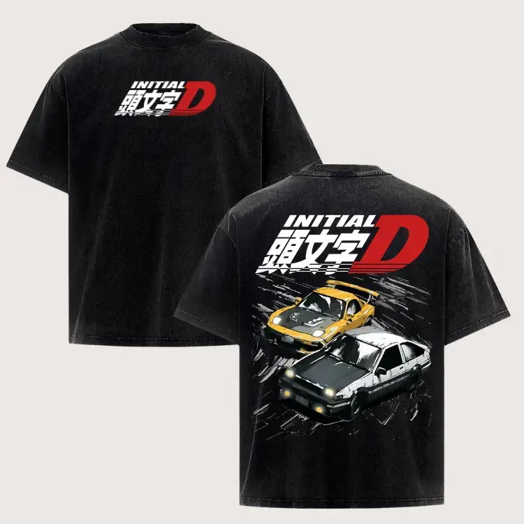 Menswear Washed Vintage Short-Sleeve T-Shirt - Anime Initial D Drift AE86 Racing Car, Takumi Fujiwara, R34 Skyline GTR JDM Graphic - Christmas-Inspired Hot Trend Dailywear, Ideal Gift for Men
