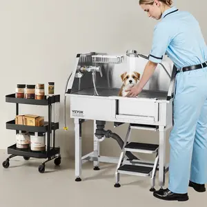 Professional Stainless Steel Dog Grooming Bath Tub with Integrated Stairs and Faucet Showerhead, 34-Inch