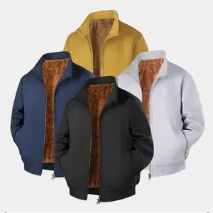 Men's New Autumn & Winter Multi-Color Stand Collar Fleece Jacket with Brown Plush Lining, Warmth Locking Stand Collar Zipper Design, Simple and Neat, Suitable for Business and Casual Settings, Versatile Men's Autumn & Winter Warm Top casual Menswear Coats