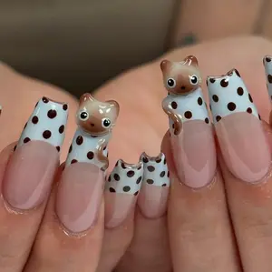 Kawaii Cat French Press On Nails by AuritaNails, 3D Kitty Nail Art, Polka Dot Fake Nails, Playful Cat Design Nails
