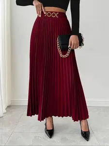 Elegant Women's High-Waist Skirt with Metal Chain Decoration, Plain Color Simple Design, Perfect for Daily Wear & Special Occasions