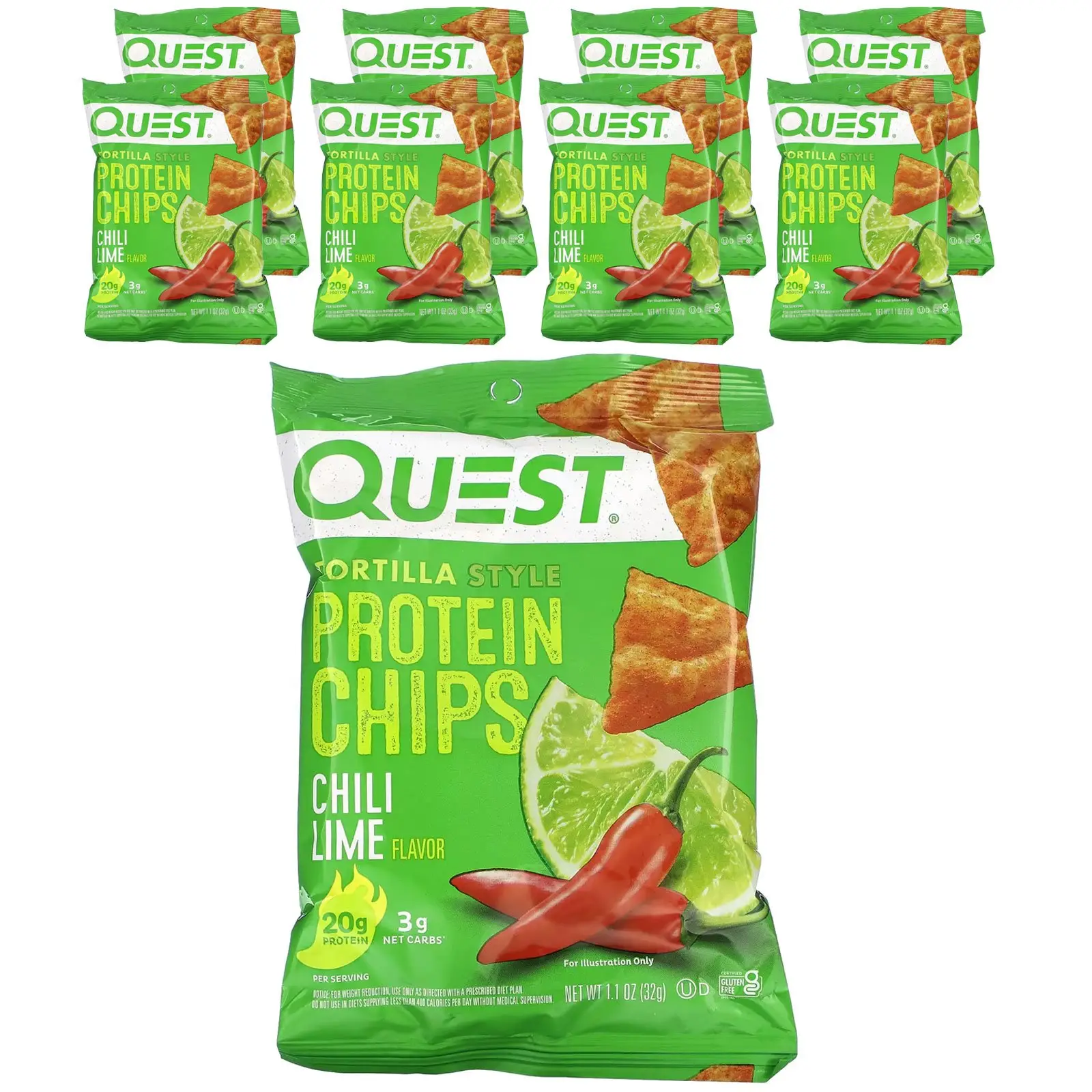 Quest Nutrition Tortilla Style Protein Chips, Chili Lime, 8 Bags, 1.1 oz (32 g) Each