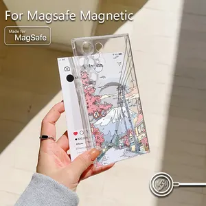 Anime Landscape Fuji Mountain & Cherry Blossom Phone Case for Samsung Galaxy S25 S24 S23 Fe Ultra Plus 4g 12g, Transparent Magnetic Anti-Drop Soft Tpu Back Cover