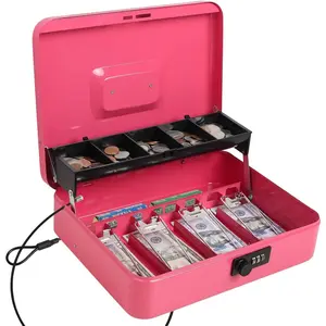 Cash Box with Combination Lock,Cash Box with Money Tray,Lock Box Safe Security Locker with Security Cable,Pink